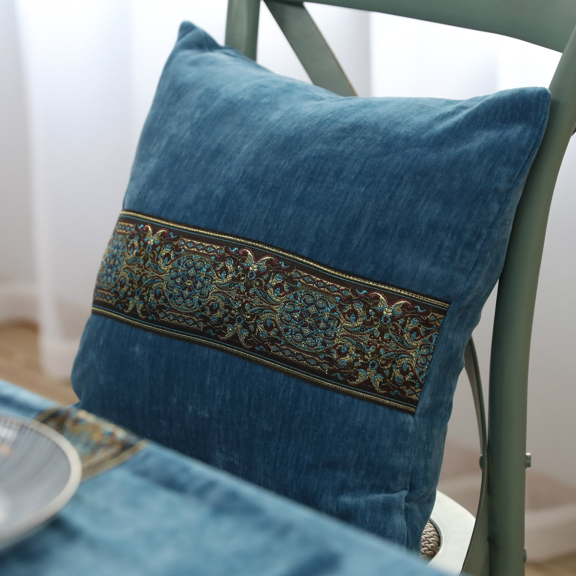 Classical solid color embroidered suede pillow cushion sofa pillow bedside pillow pillow cover blue without core