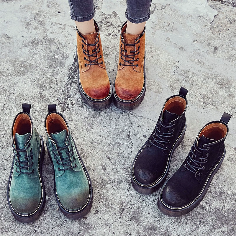 Thu đông 2017 retro Martin boots nữ phiên bản Hàn Quốc hoang dã của giày cao cổ đế dày sinh viên ren lên giày bốt ngắn kiểu Anh - Giày ống