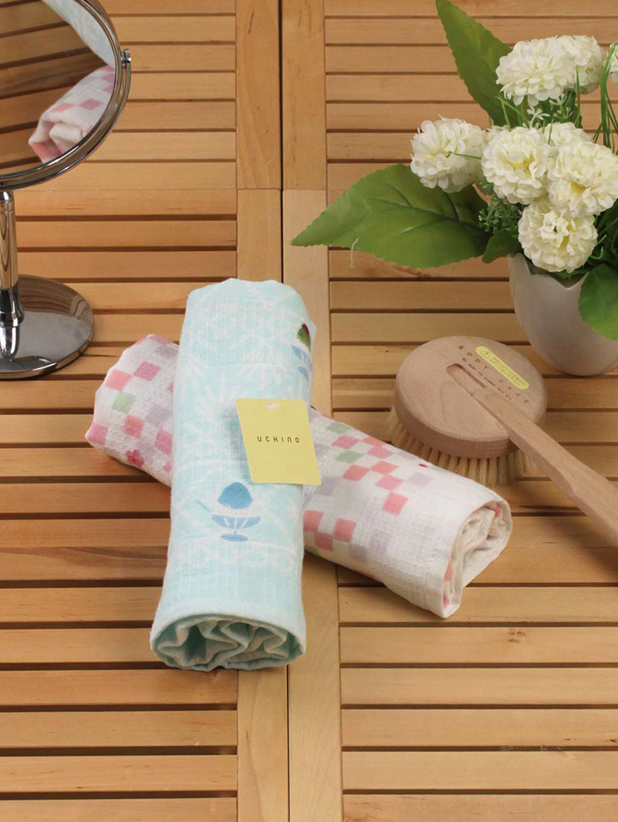 UCHINO|蓝色粉色日本风组合纱布面巾两条装
