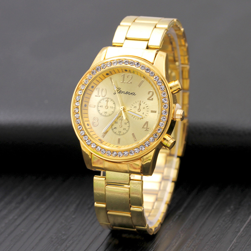 Popular Geneva Three-Eye Diamond-Encrusted Gold Steel Band Women's Watch Small Gold Watch