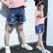 Childrens clothing girls denim shorts 2021 summer new childrens pants Childrens Big Boy foreign style wear broken jeans