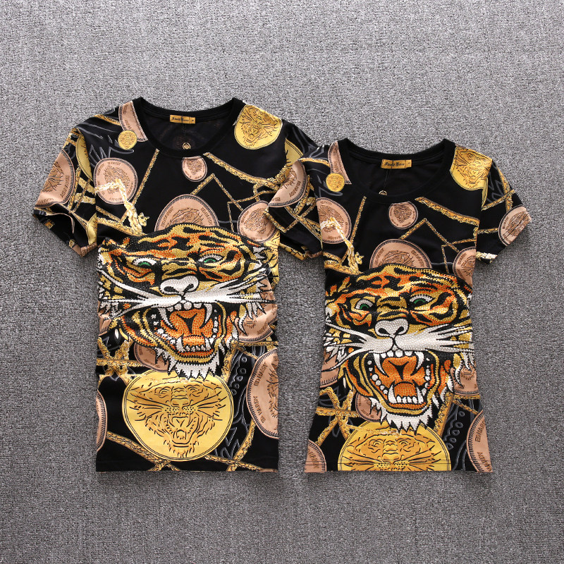European and American trendy products 2021 summer new short-sleeved couple clothes coins gold lock tiger head diamond-encrusted men's and women's T-shirt tops