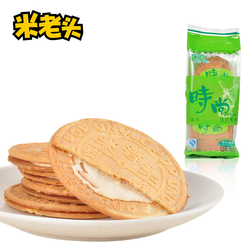 【天猫超市】米老头时尚法式薄饼青苹果味150g夹心香脆饼干零食品