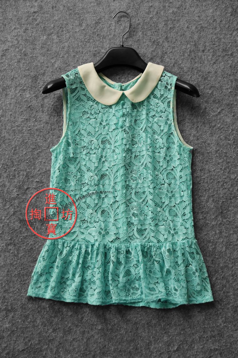 XT040 side CSE special European and American single delicate little fresh round collar small skirt hem type sleeveless lace-shirt