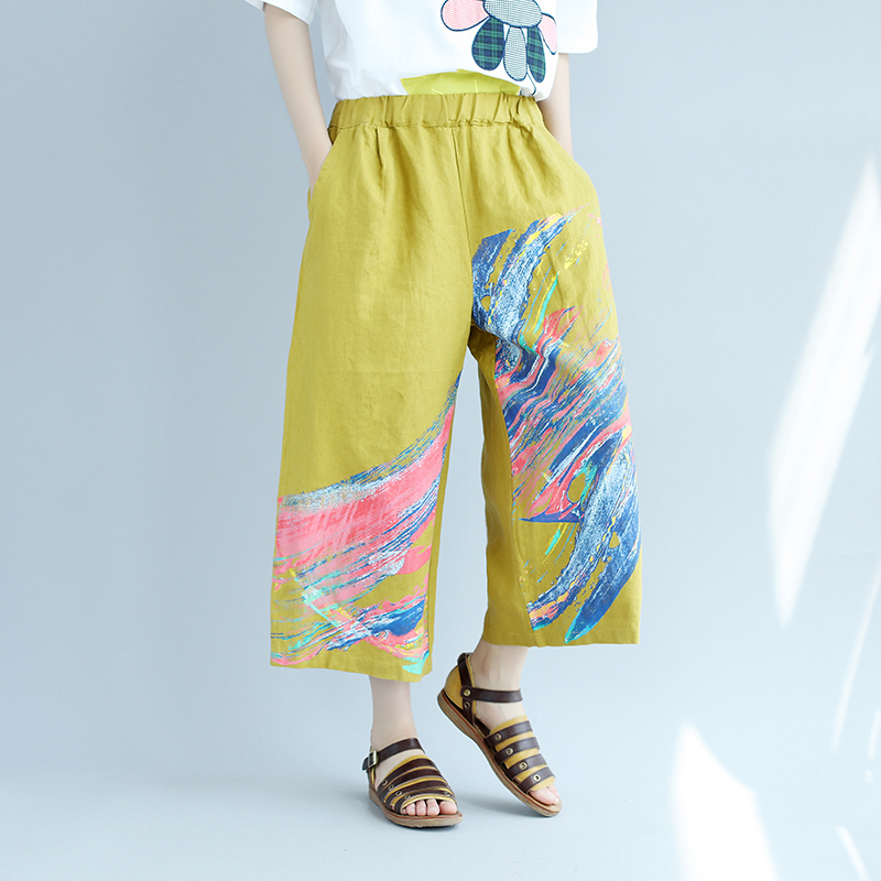 Summer Dress New Fat MM Art Big Size Women Dress Tightness Waist Graffiti Printed Linen Casual 100 lap 90% wide-legged pants