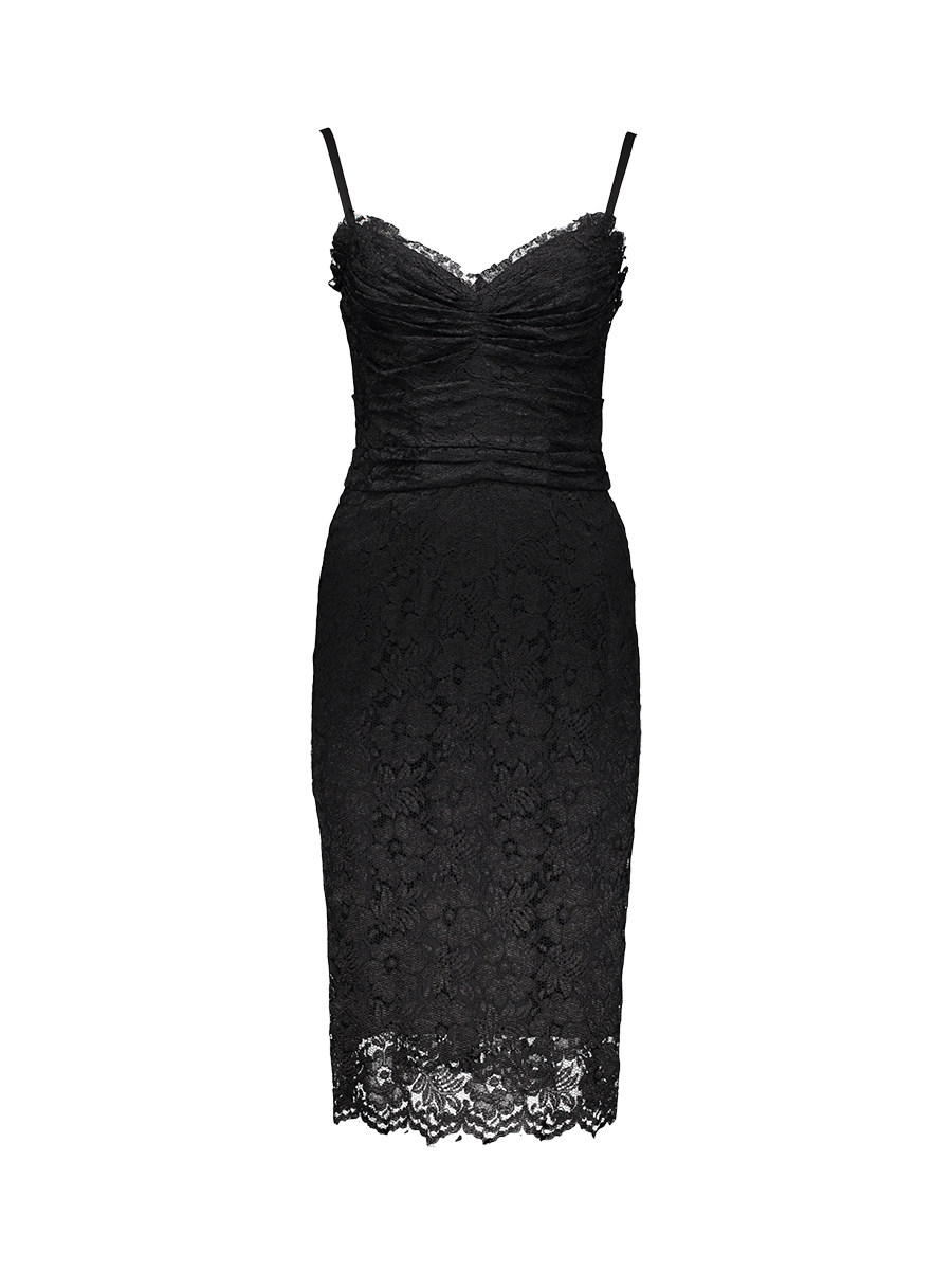 Dolce&Gabbana 黑色褶皱蕾丝吊带连衣裙