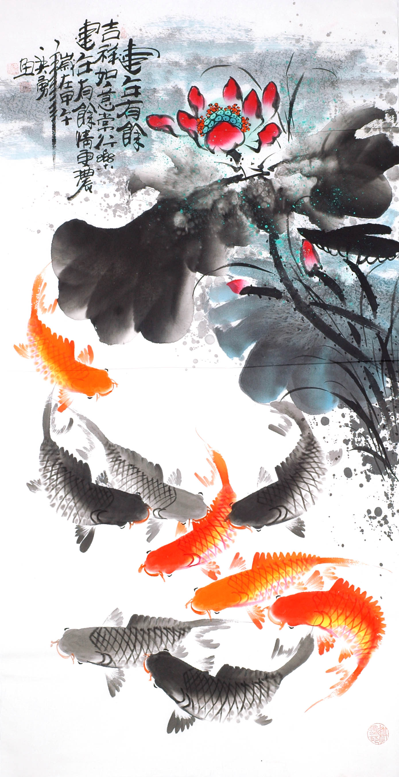 国画纯手绘水墨荷花鱼年年有余花鸟画荷花鲤鱼九鱼图HE242