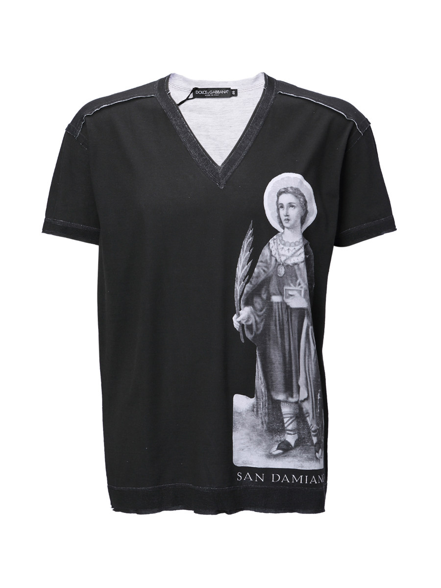 Dolce&Gabbana 黑色V字领复古人像印花短袖T恤