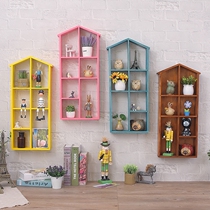 Solid wood bedroom wall shelf Childrens room decoration rack Hanging wall Creative lattice storage rack display rack