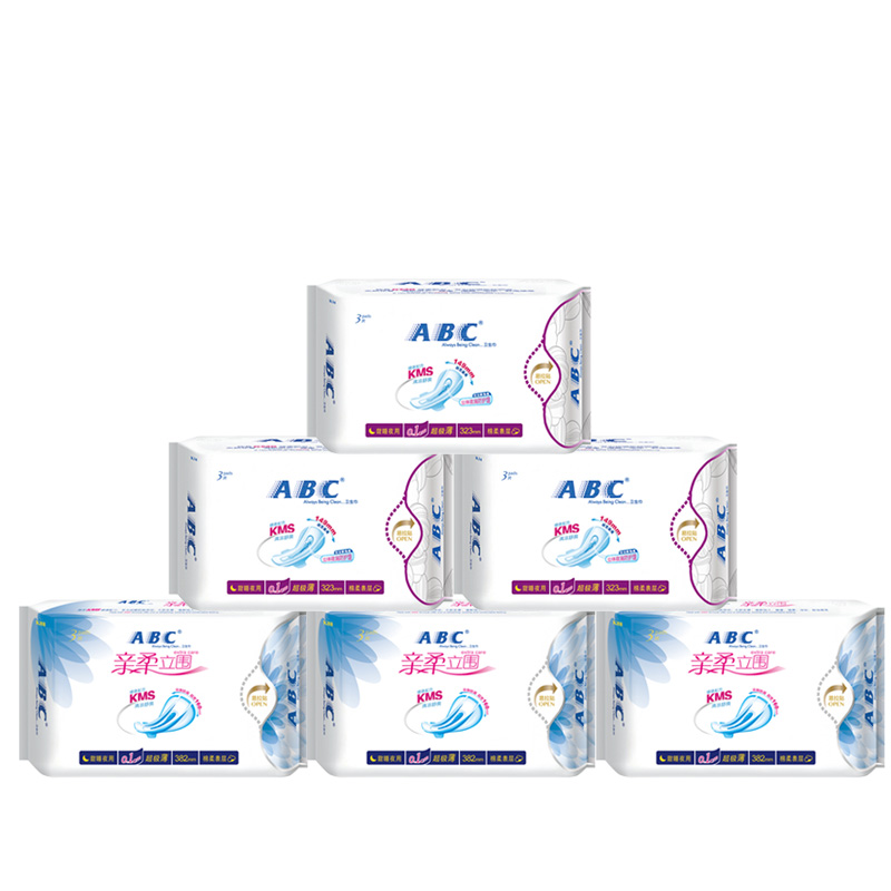 ABC卫生巾立围超薄纯棉柔超长甜睡防侧漏夜用6包组合套装