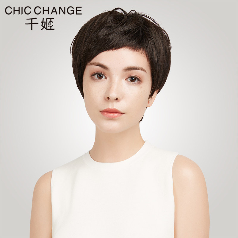 千姬真人发丝假发女士超短直发斜刘海自然逼真手织真发短发假头套