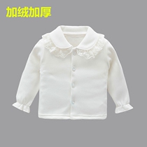Cute girls long-sleeved bottoming shirt autumn and winter little girl white velvet lace bottoming top thickened section