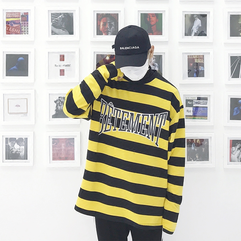 BOBBY秋装韩版青少年圆领宽松撞色印花条纹长袖tee恤男女打底衫潮