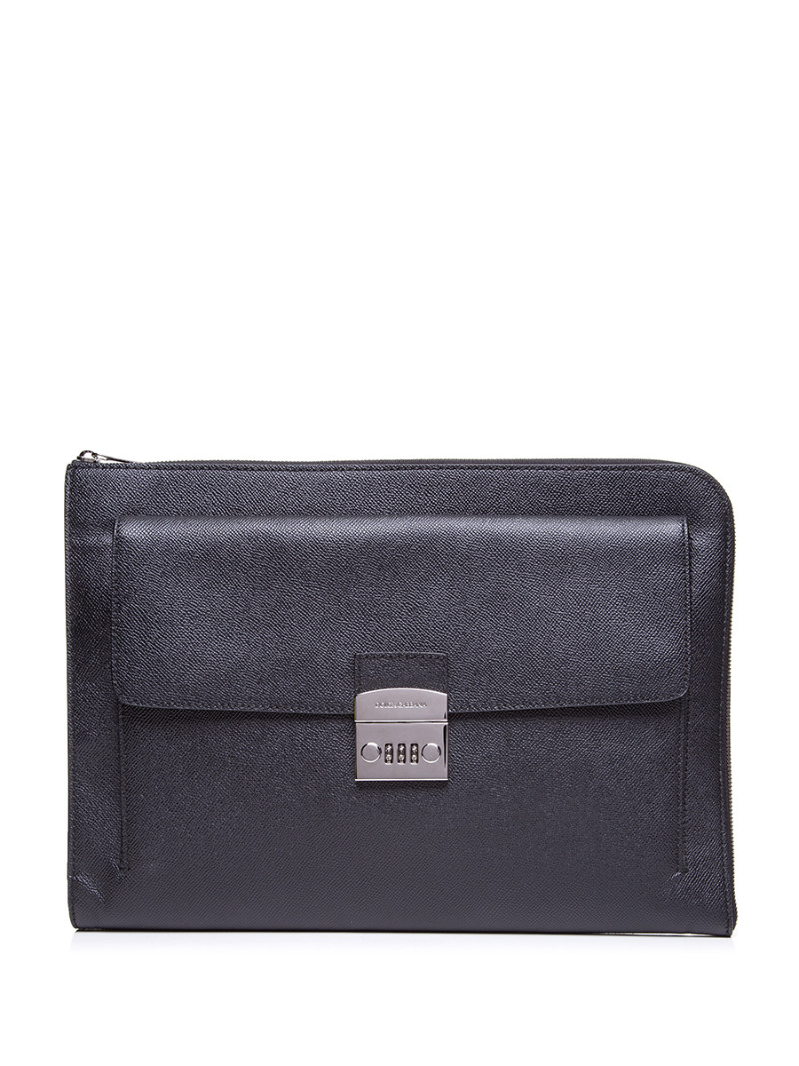 Dolce&Gabbana 黑色荔枝纹锁扣饰拉链手拿包