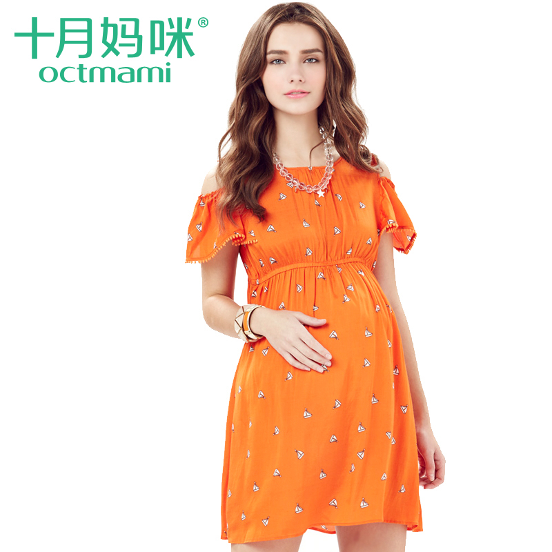 十月妈咪孕妇装春夏装新款韩版人丝印花时尚露肩孕妇连衣裙孕妇裙