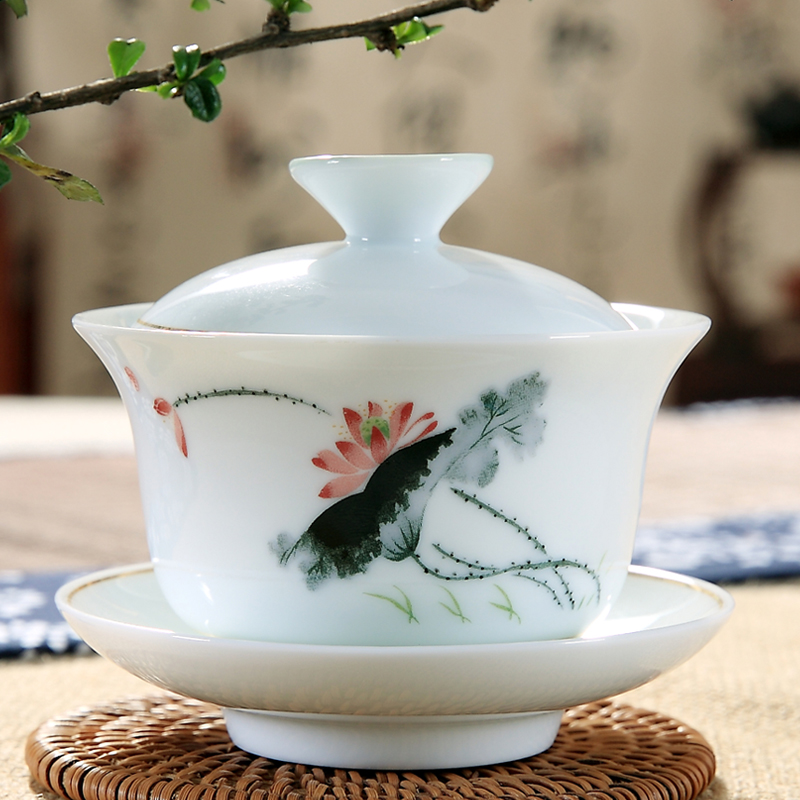 Household ceramics ancient white porcelain kung fu tea tureen tea cup set bowl is only three cups of tea bowl of small size