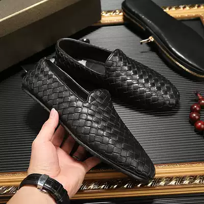 2021 summer new leather woven men's shoes business casual breathable soft leather shoes lazy driving Doudou shoes tide