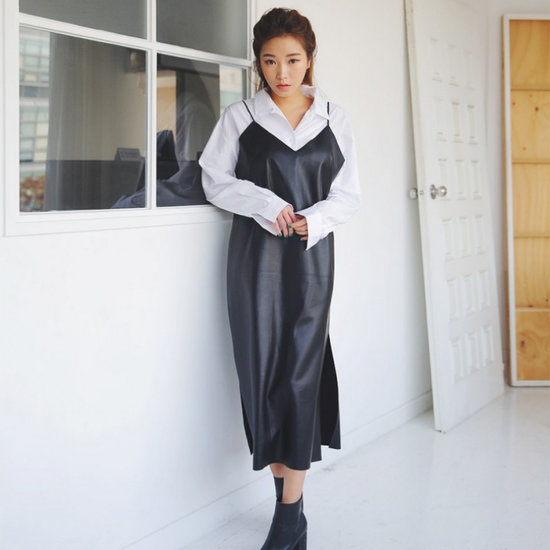 韩国stylenanda官方正品 性感V领吊带仿皮连衣裙-黑色