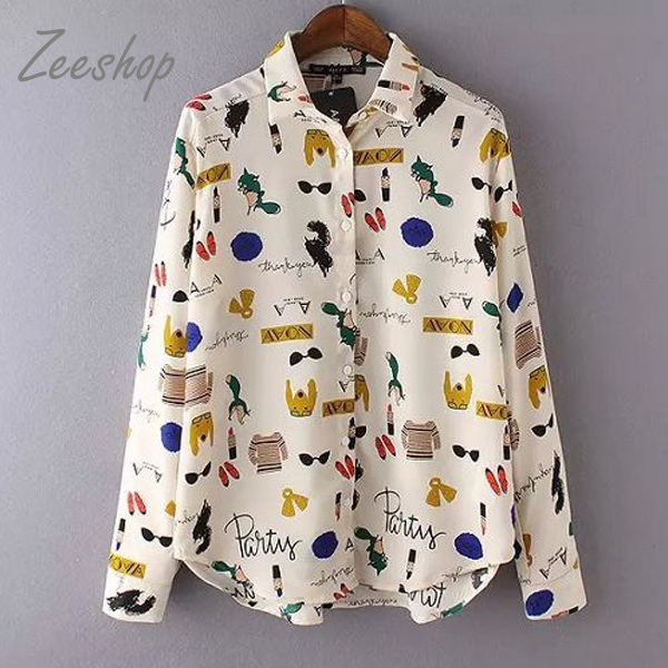 【Zeeshop】韩版。 早春翻童趣卡通印花长袖衬衫台湾官网直邮进口