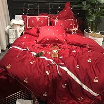 Wedding long-staple cotton four-piece cotton cotton 1 8m bed quilt cover Cherry embroidery big red wedding bedding