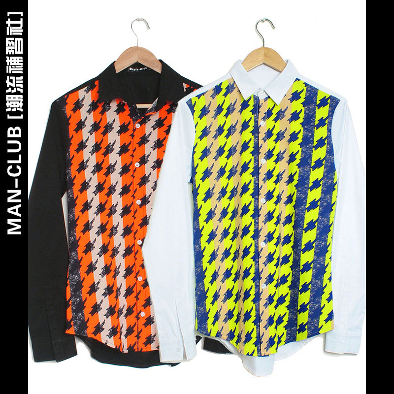 Tide Tutorial] Fall new fluorescent Thousand Bird Lattice Abstract Printed Stripes Splicing Men's Shirt Casual Lining