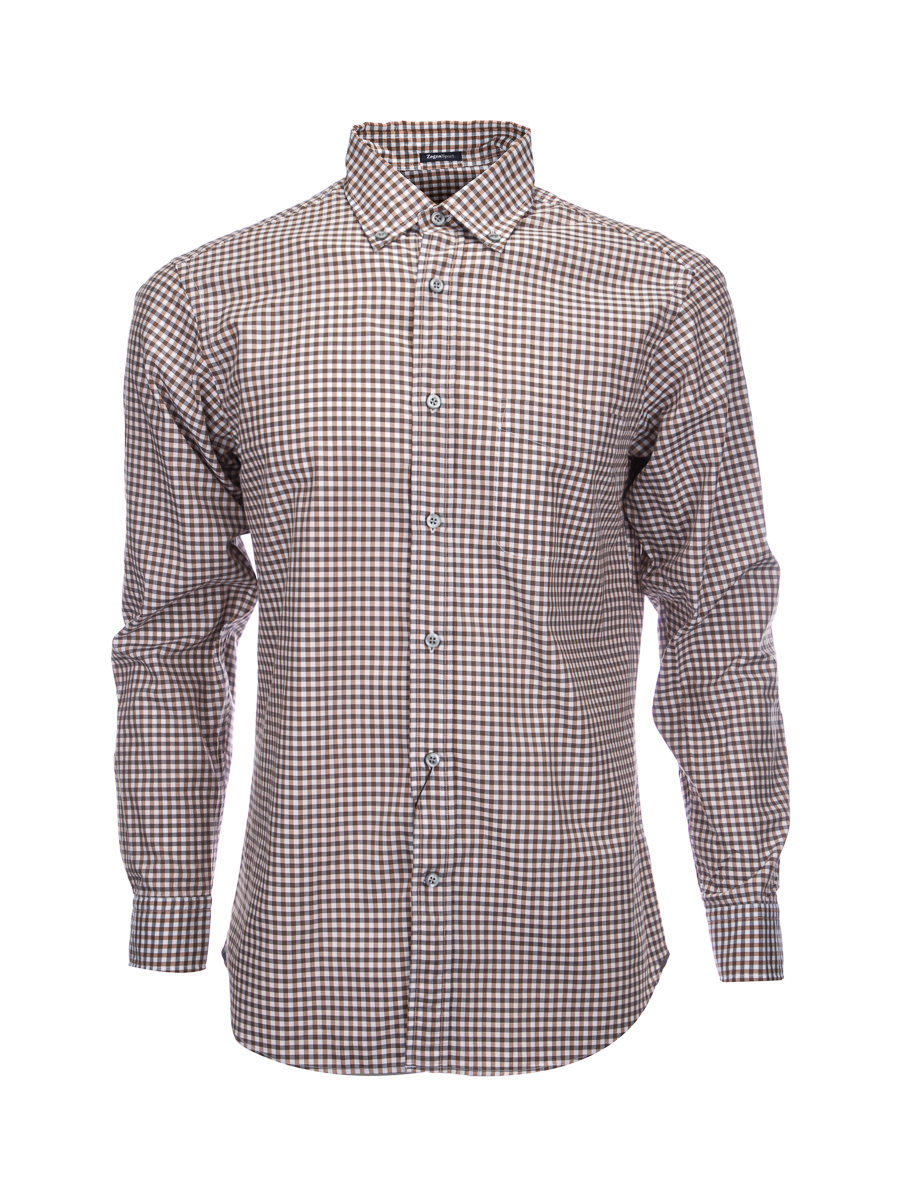 ZEGNA SPORT 棕白拼色方格纹长袖衬衫