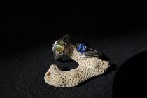 Chrysocolla cats eye diamond white gold ring and Sri Lanka sapphire diamond white gold ring