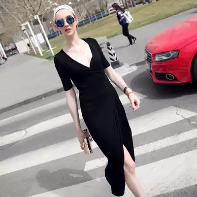 Internet anchor sexy spring dress women's V-collar lace waist slim dress black temperament split tide