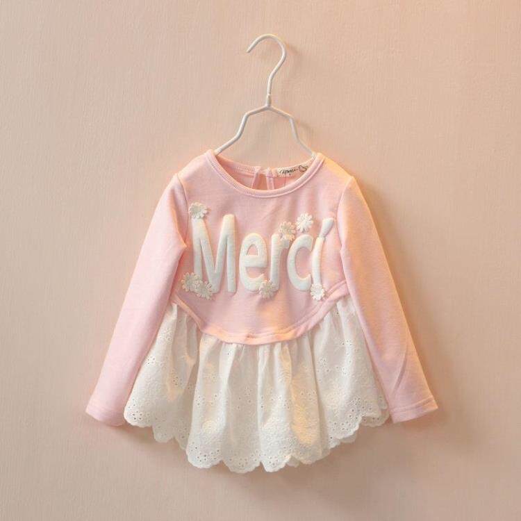 Spring and summer dress girls baby printed letter hollowed lace pure cotton T - shirt dress and hit the underwear