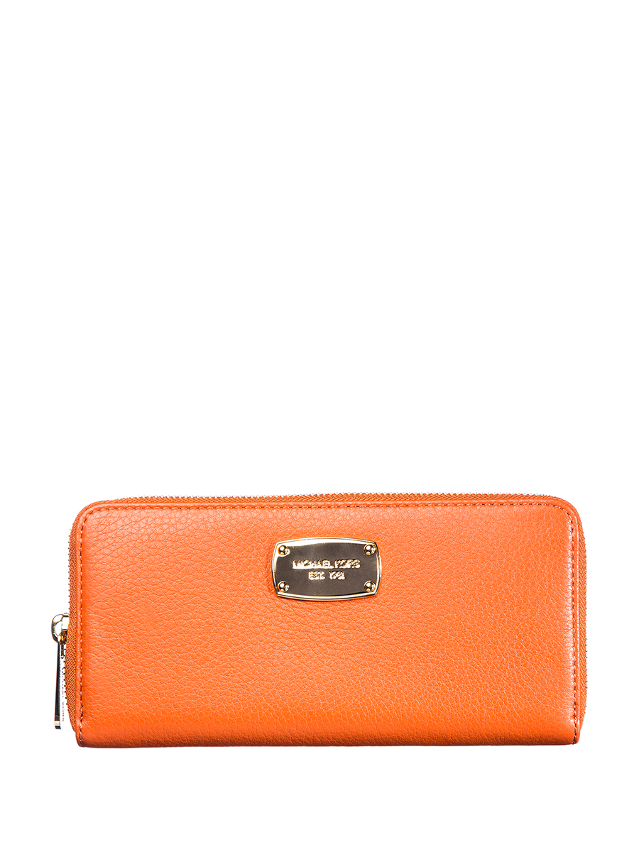 Michael Kors JET SET ITEM系列橙色金属铭牌顶部拉链长款钱包