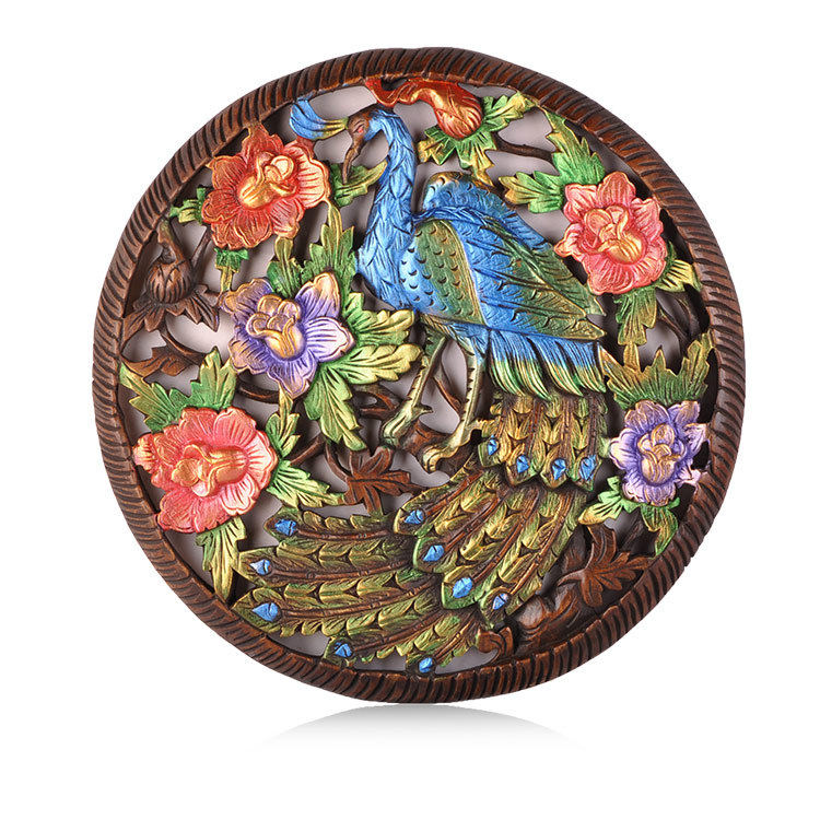 Thailand imported crafts solid wood carving round peacock carving board living room wall decoration porch partition hanging board