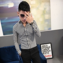 Mr Fuji Plaid mens Korean slim long-sleeved shirt Nightclub trend fashion casual handsome hair stylist shirt