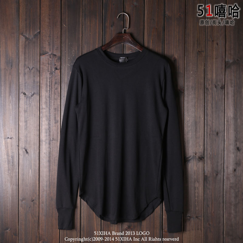 春夏新品 高街潮牌纯棉长袖T恤男日系街头BBOY/popping纯色打底衫