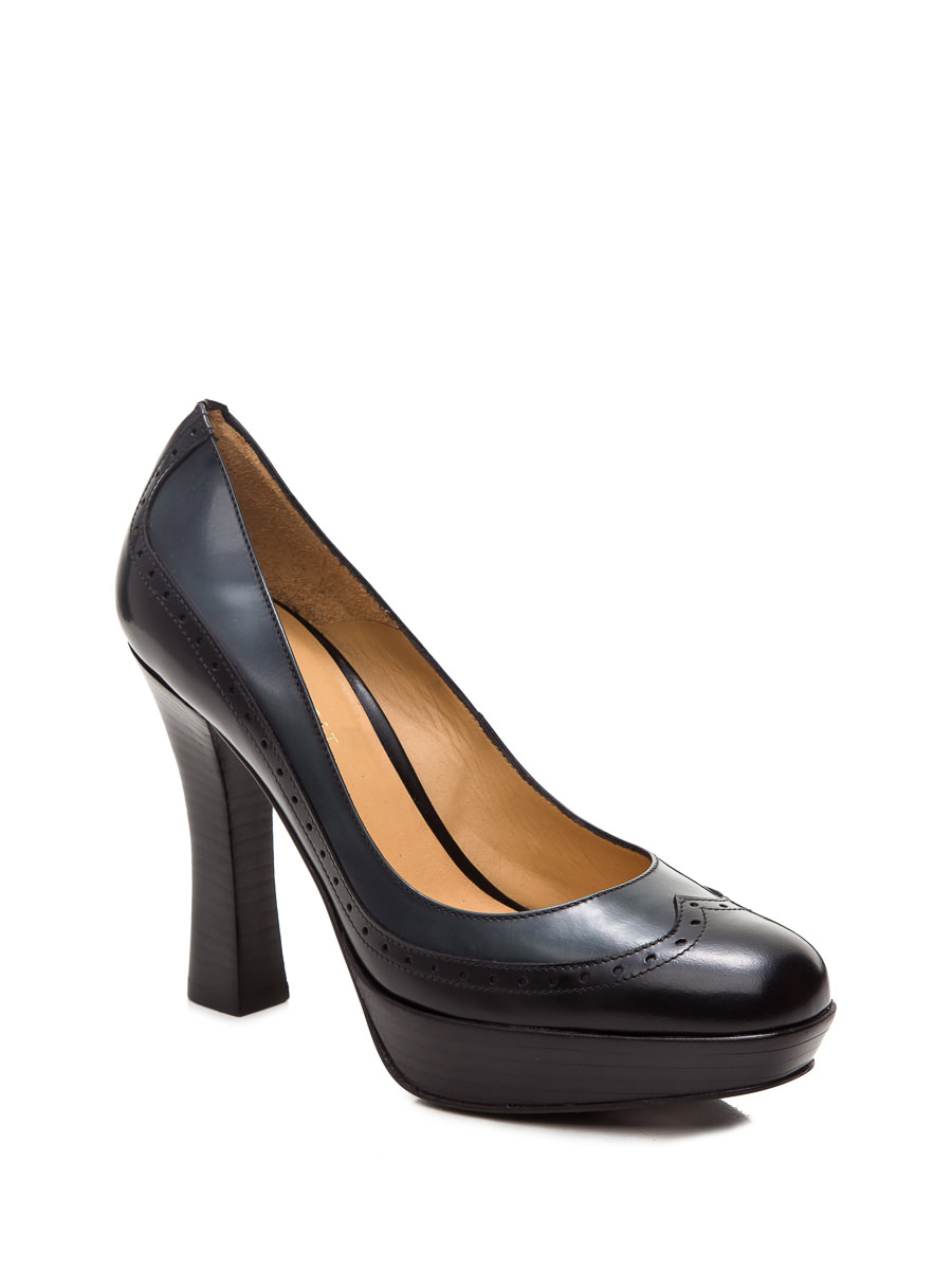 Nine West/玖熙 黑灰拼色W拼接粗高跟鞋