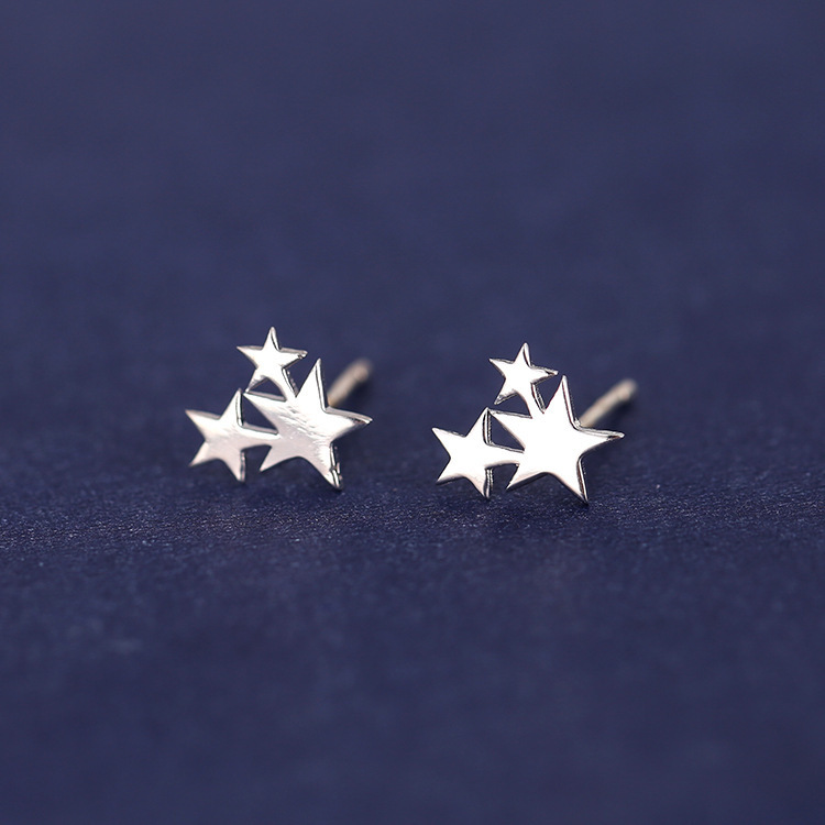 New Han - Edition ear decoration 925 pure silver needle three pentagonal star nails female anti - allergic trim