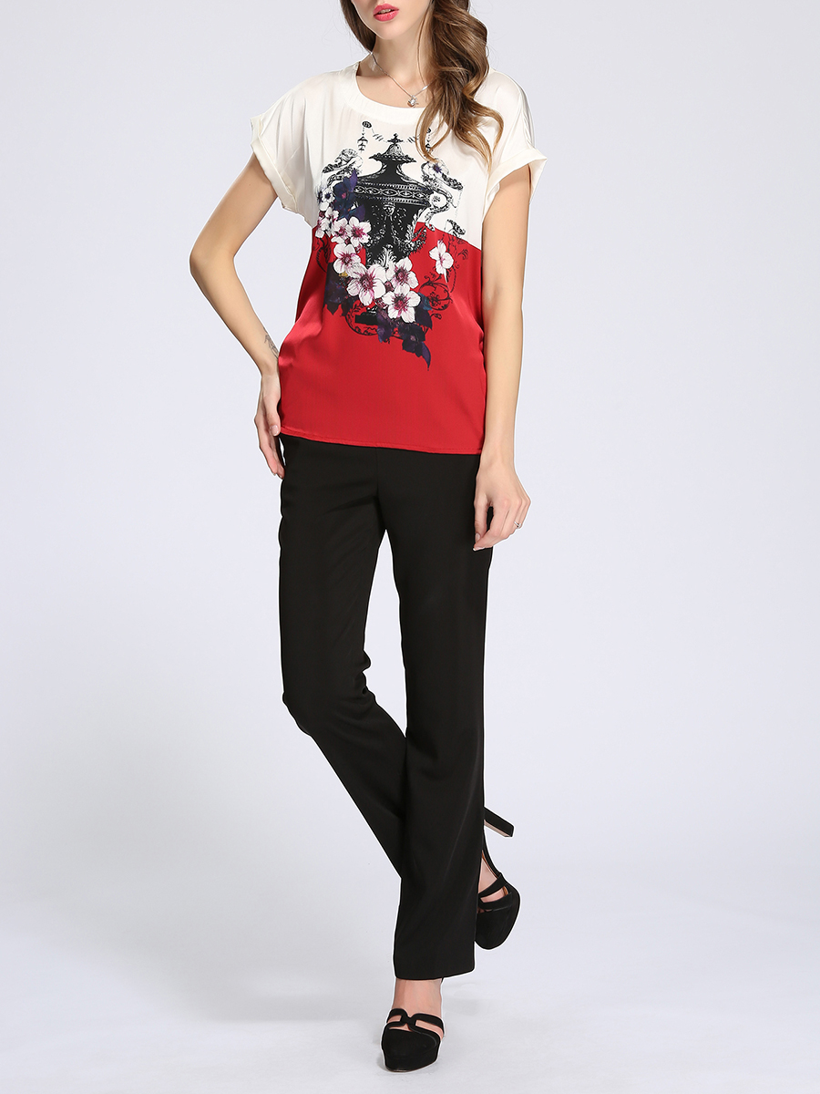 THEOPHILE 红色拼白色印花短袖桑蚕丝上衣