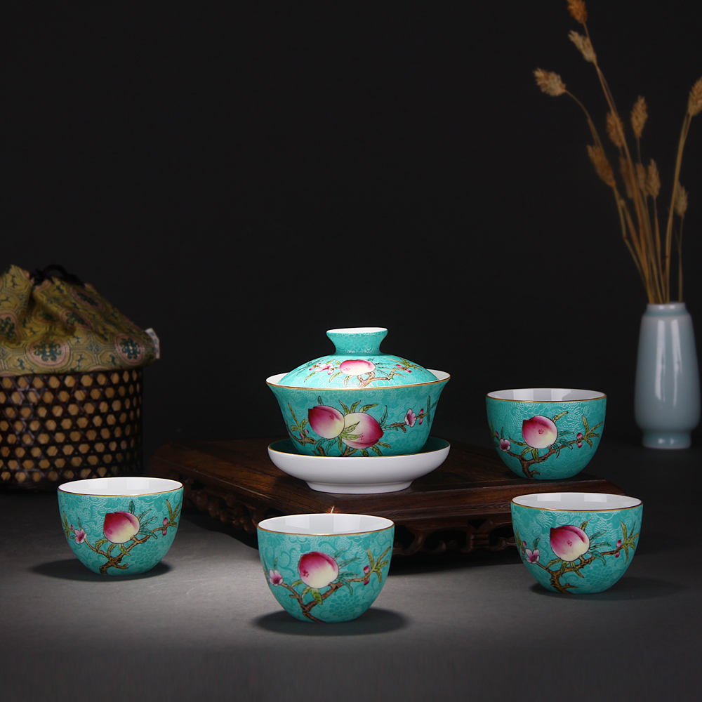 Treasure porcelain forest green lake steak peach flower powder enamel nine small arhat 5 head was a set of jingdezhen ceramic cup hand - made