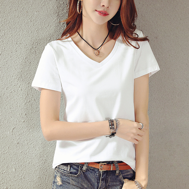 White Short-Sleeve T-Shirt for Women, V-Neck, Slim Fit, Regular Shoulder, Half-Sleeve, Pure Cotton, 2026 New Summer Style, Sweetheart Neckline Top