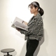2018 thu đông mới houndstooth len len lông nhỏ nước hoa ngắn tay áo kẻ sọc kẻ sọc len nữ áo khoác kaki nữ Áo khoác ngắn