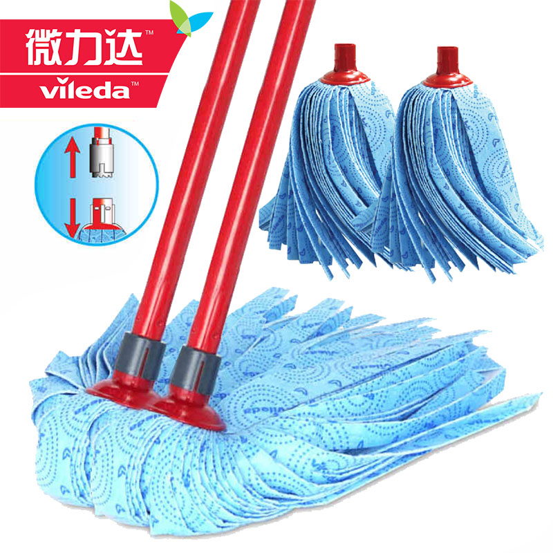 微力达无纺布蓝拖把 拖把+拖把头*2套组合装  传统拧水普通拖把