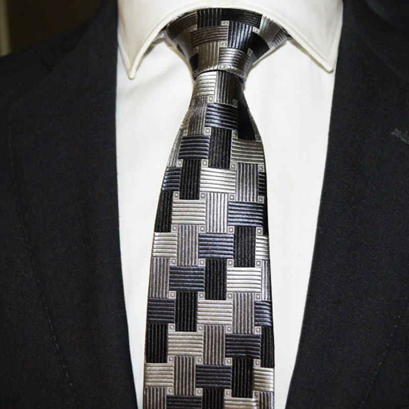 Ptah Atum banquet business style dyed silk tie black white gray silver checkered business tie
