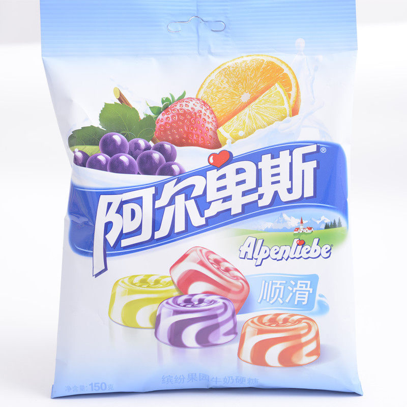 【天猫超市】阿尔卑斯顺滑缤纷果园水果牛奶硬糖150g袋装多种口味