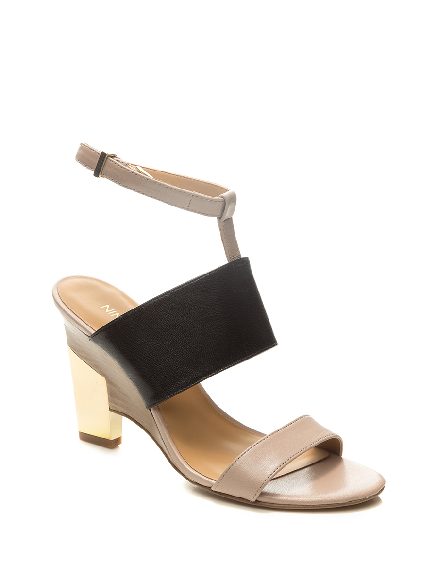 Nine West/玖熙 黑褐拼色宽袢带造型高跟凉鞋