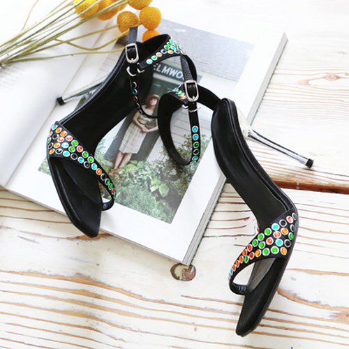Korean handmade custom sexy thin strap feminine silver stiletto super high-heeled colorful rivet sandals