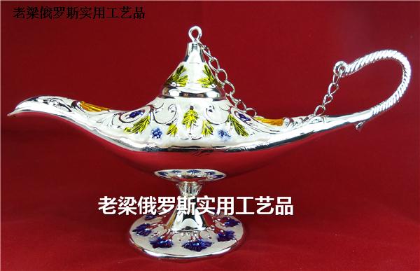Z3 Russian alloy metal ornaments Aladdin magic lamp enamel glaze silver edge white blue gold flower wishing lamp large