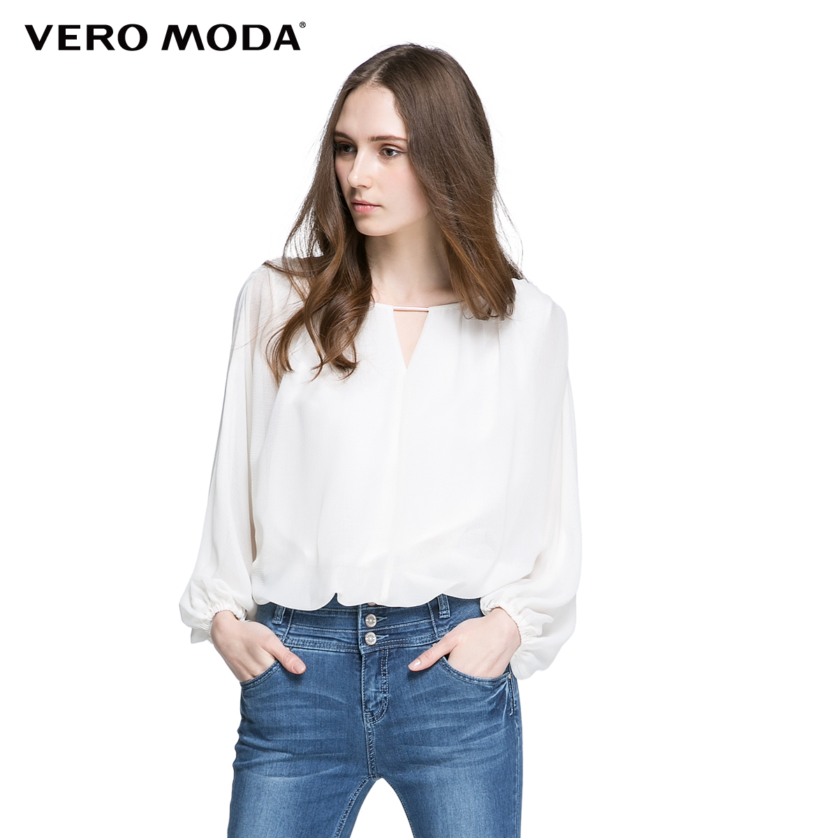 Vero Moda舒适欧根纱七分泡泡袖雪纺衫|316158013