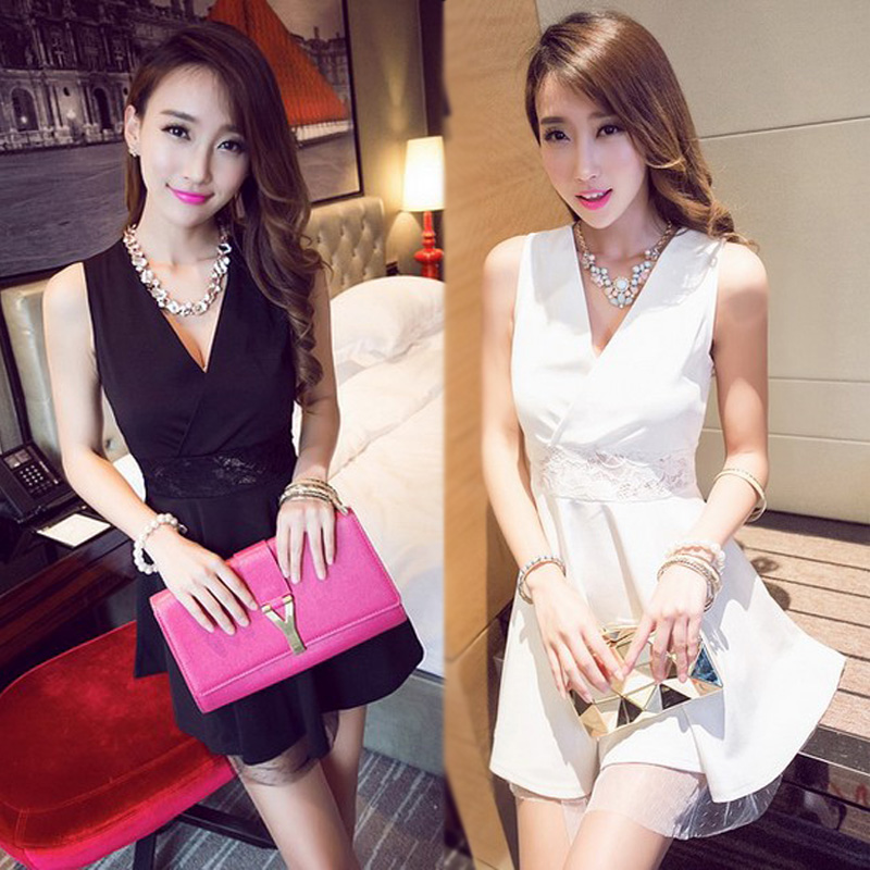 Large size summer fake girl new sexy nightclub dress fashion deep V backless waist large swing lace sleeveless