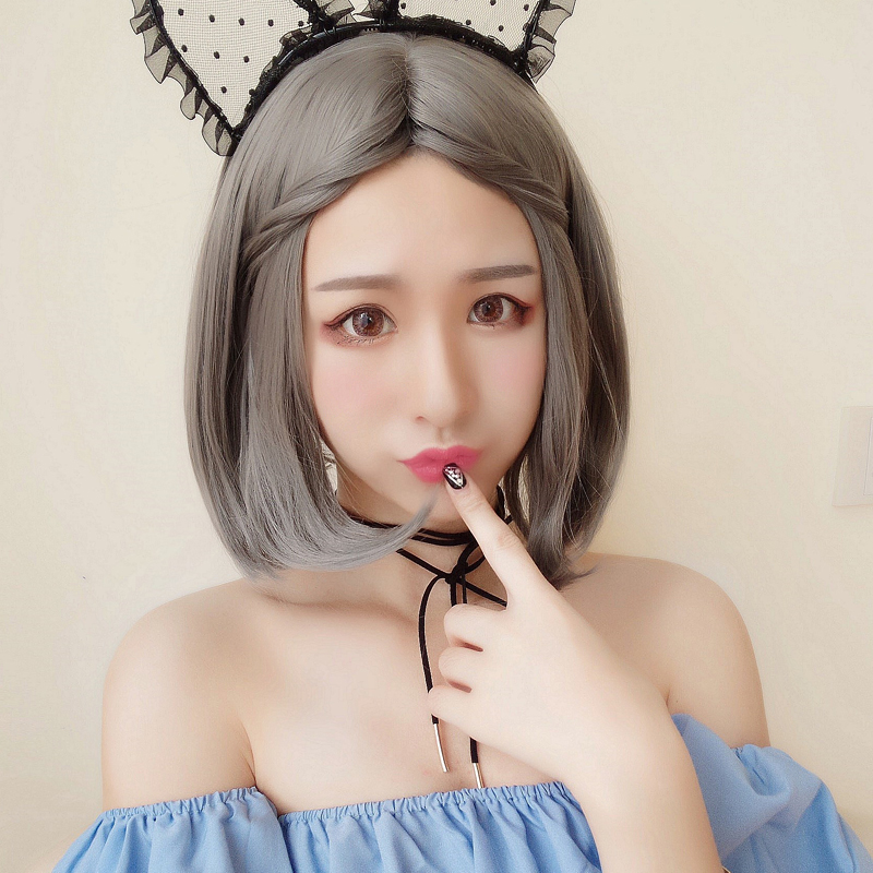 假发女短发奶奶灰中分刘海bobo头烟灰色短中发梨花头发尾内扣