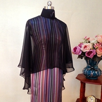  Cheongsam silk cloak shawl Stand-up collar outer jacket sunscreen blouse womens short summer black pullover small shawl