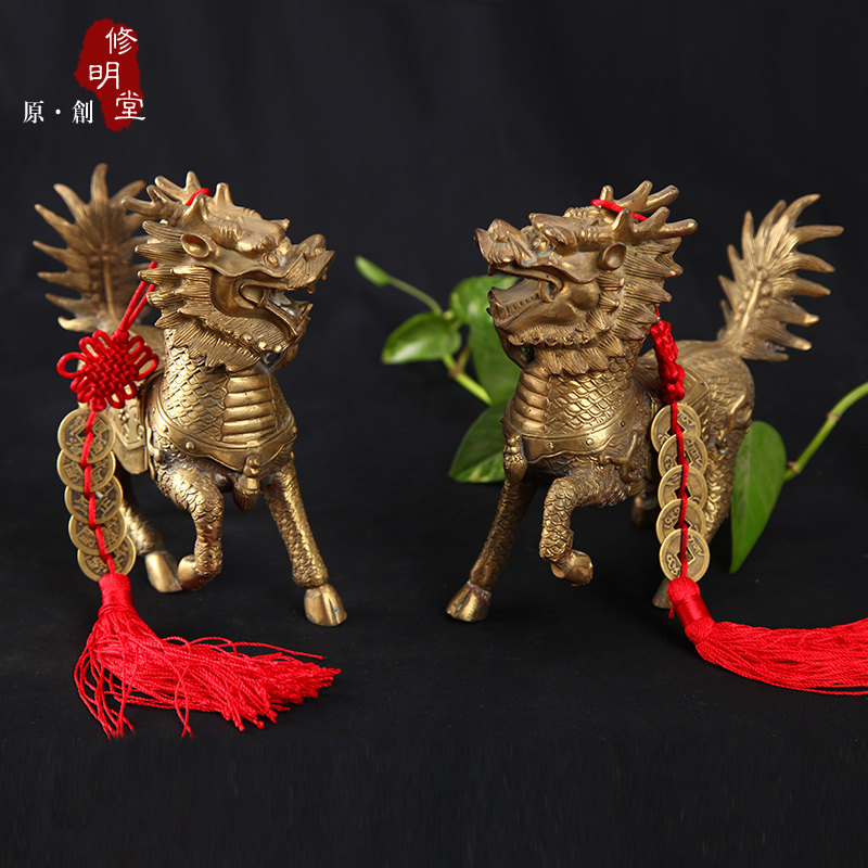 修明堂 开光风水吉祥家居摆件 铜火麒麟对 招财助官运送子 铜麒麟